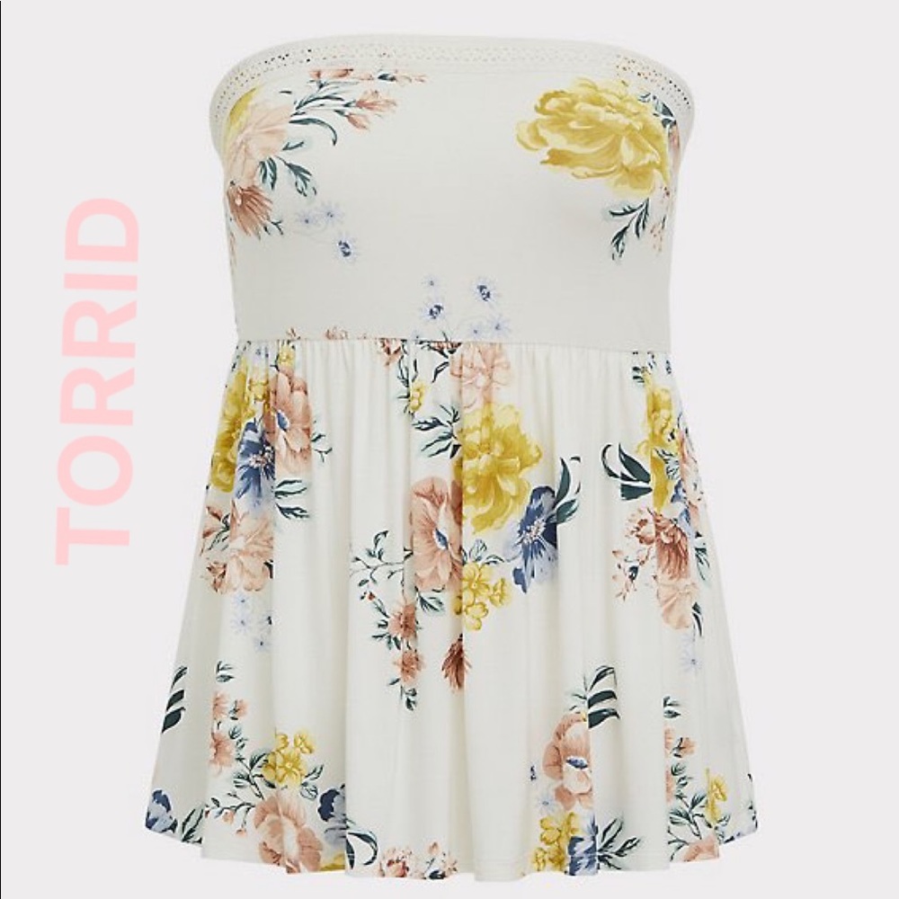 TORRID SUPER SOFT WHITE FLORAL STRAPLESS PEPLUM TOP